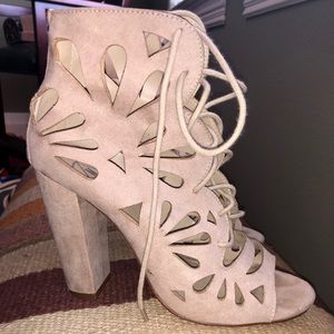 Tan floral cut out lace up heels